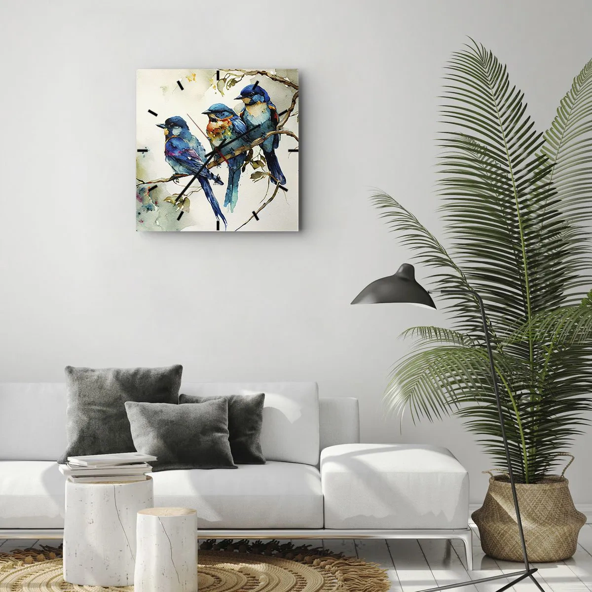 Wanduhr - Glasuhr - Drei bunte Vögel auf einem Ast im Aquarellstil - 30x30cm - War er beleidigt? - Moderne Wanddekoration für Wohnzimmer und Schlafzimmer ARTTOR