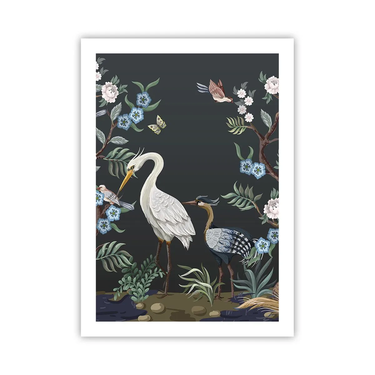 Poster - Illustration von Vögeln zwischen Blumen auf dunklem Hintergrund - 50x70cm - Vogelparade - Moderne Wanddekoration für Wohnzimmer und Schlafzimmer ARTTOR