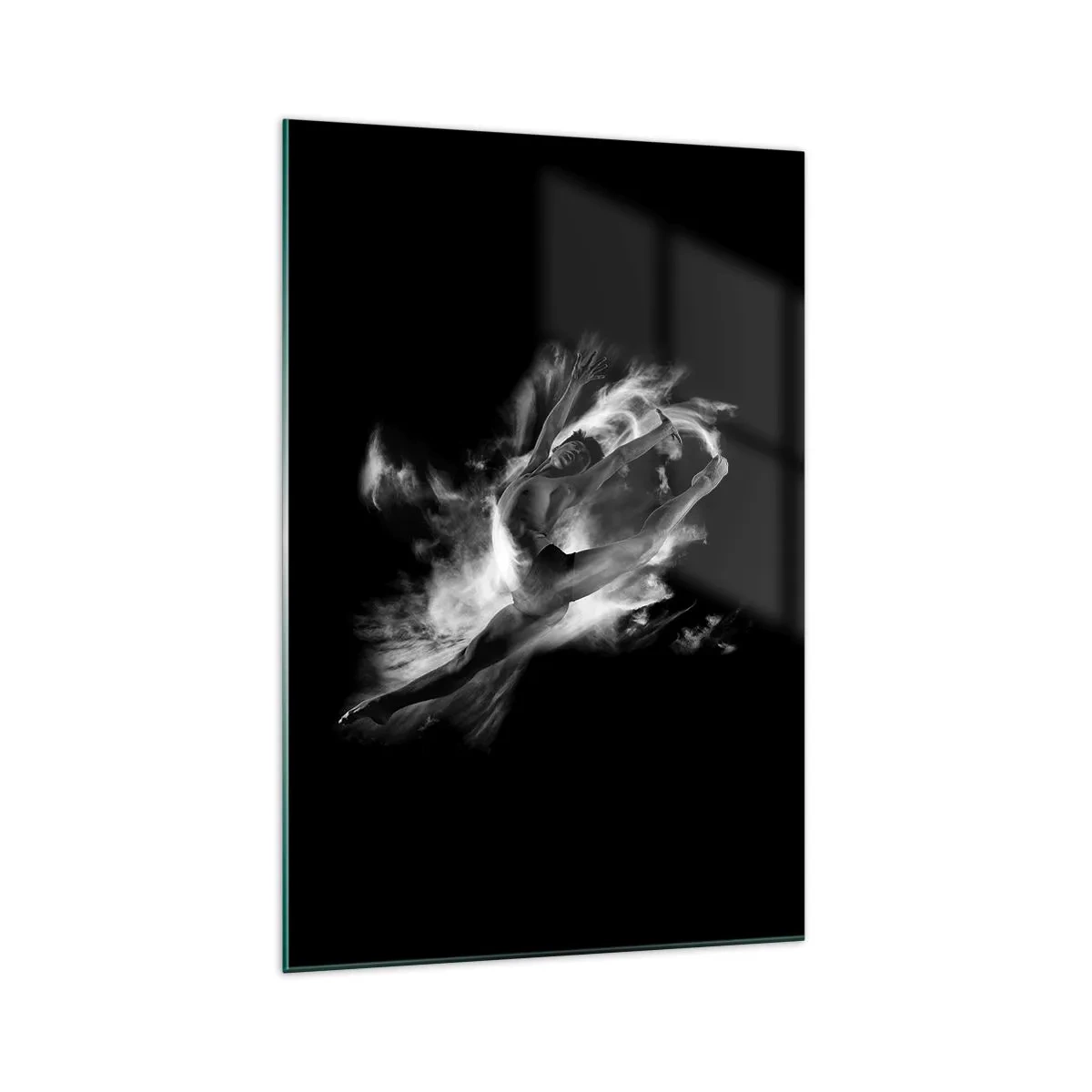 Glasbild - Bild auf glas - Eine Tänzerin in dynamischer Pose vor schwarzem Hintergrund - 70x100cm - Im Flug hängen geblieben - Moderne Wanddekoration für Wohnzimmer und Schlafzimmer ARTTOR