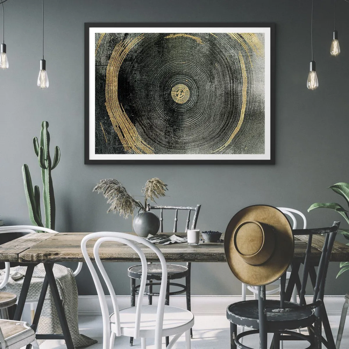 Poster in einem schwarzem Rahmen - Konzentrische Kreise mit goldenen Akzenten - 70x50cm - Veränderung und Beständigkeit - Moderne Wanddekoration für Wohnzimmer und Schlafzimmer ARTTOR