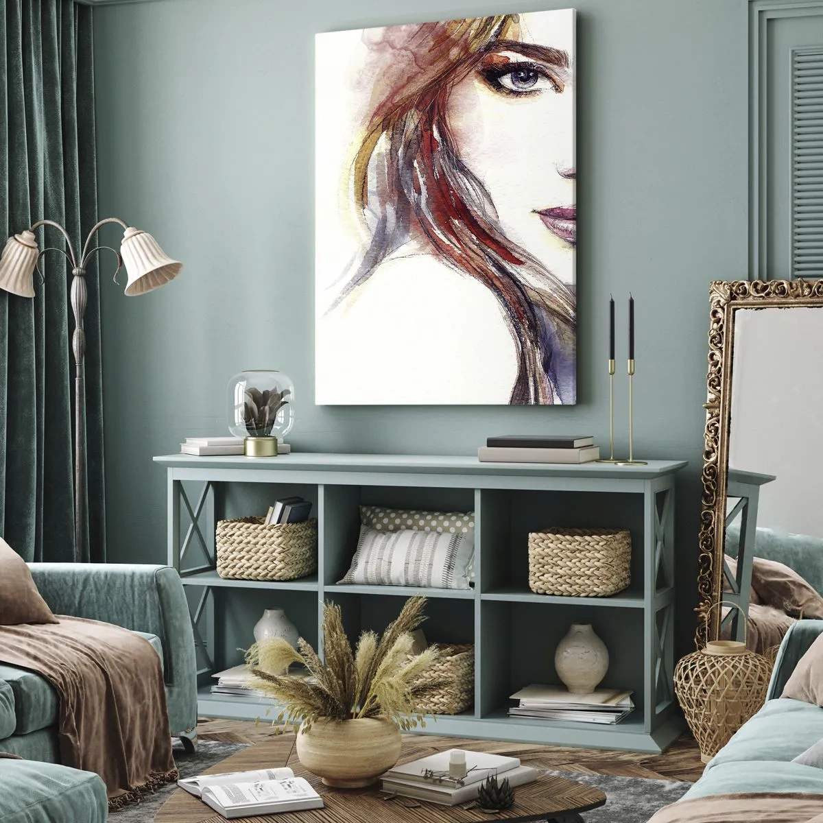 Bild auf Leinwand - Leinwandbild - Ein subtiles Aquarell eines Frauengesichts mit ausdrucksstarkem Blick. - 50x70cm - Vademecum - folge mir - Moderne Wanddekoration für Wohnzimmer und Schlafzimmer ARTTOR