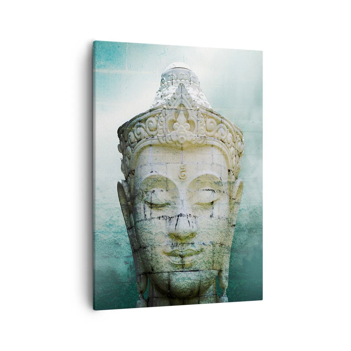 Bild auf Leinwand - Leinwandbild - Buddha-Statue mit sanftem Nebel vor grünem Hintergrund - 50x70cm - Auf der Suche nach dem Licht - Moderne Wanddekoration für Wohnzimmer und Schlafzimmer ARTTOR