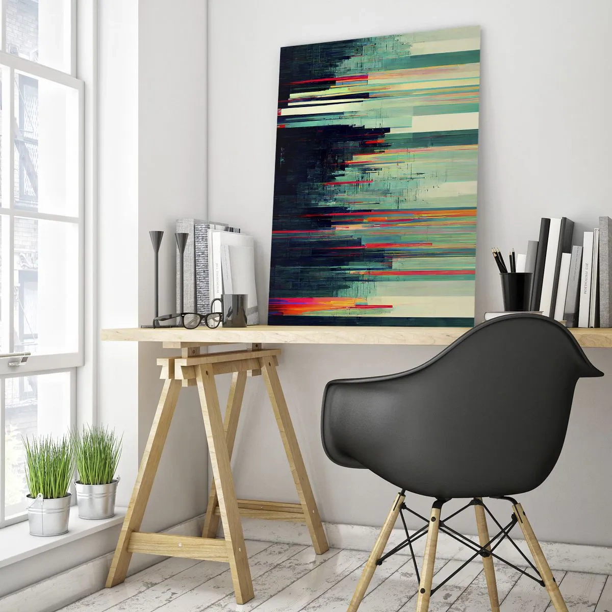 Glasbild - Bild auf glas - Abstraktion mit vertikalen Linien und einer Stadtsilhouette - 70x100cm - Futuristische Stadt - Moderne Wanddekoration für Wohnzimmer und Schlafzimmer ARTTOR