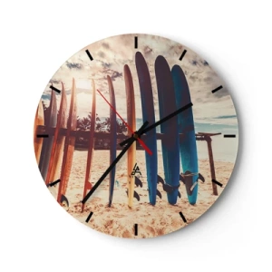 Wanduhr - Glasuhr - Surfbretter aufgereiht am Strand bei Sonnenuntergang - 30x30cm - Gute Nacht bis morgen - Moderne Wanddekoration für Wohnzimmer, Küche und Schlafzimmer ARTTOR