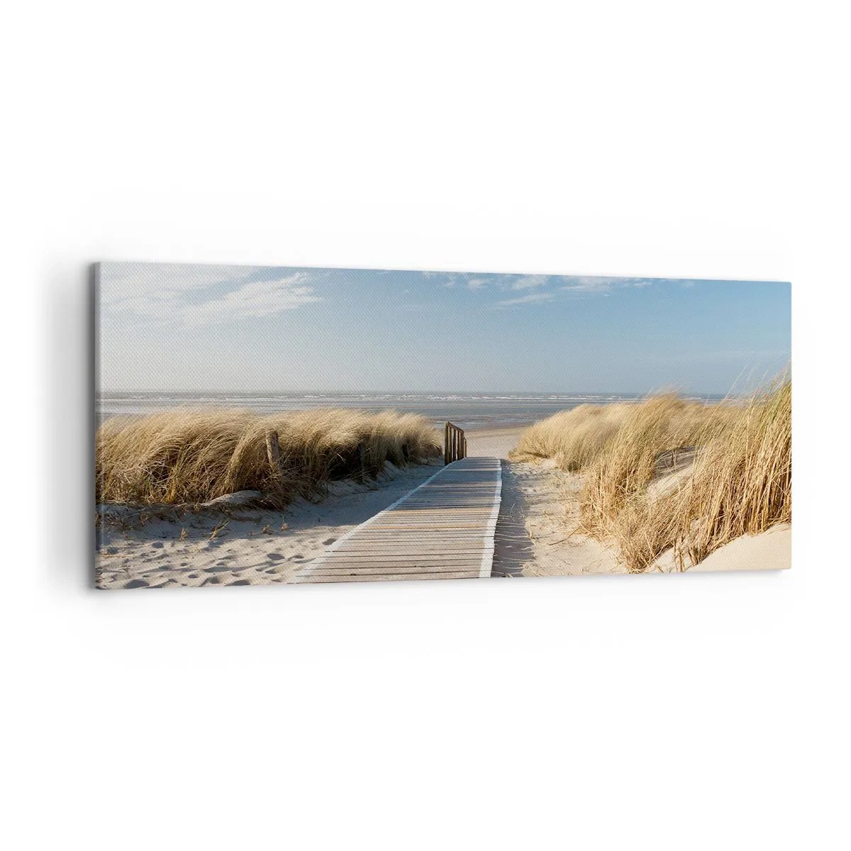 Bild auf Leinwand - Leinwandbild - Ein Holzweg führt durch die Dünen zum ruhigen Meer - 120x50cm - Hinter der Düne, im Rauschen des Grases - Moderne Wanddekoration für Wohnzimmer und Schlafzimmer ARTTOR