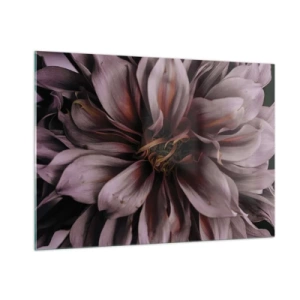 Glasbild - Bild auf glas - Nahaufnahme einer dunklen Blume mit violetten und burgunderfarbenen Blütenblättern - 100x70cm - Ein Blumenherz - Moderne Wanddekoration für Wohnzimmer und Schlafzimmer ARTTOR