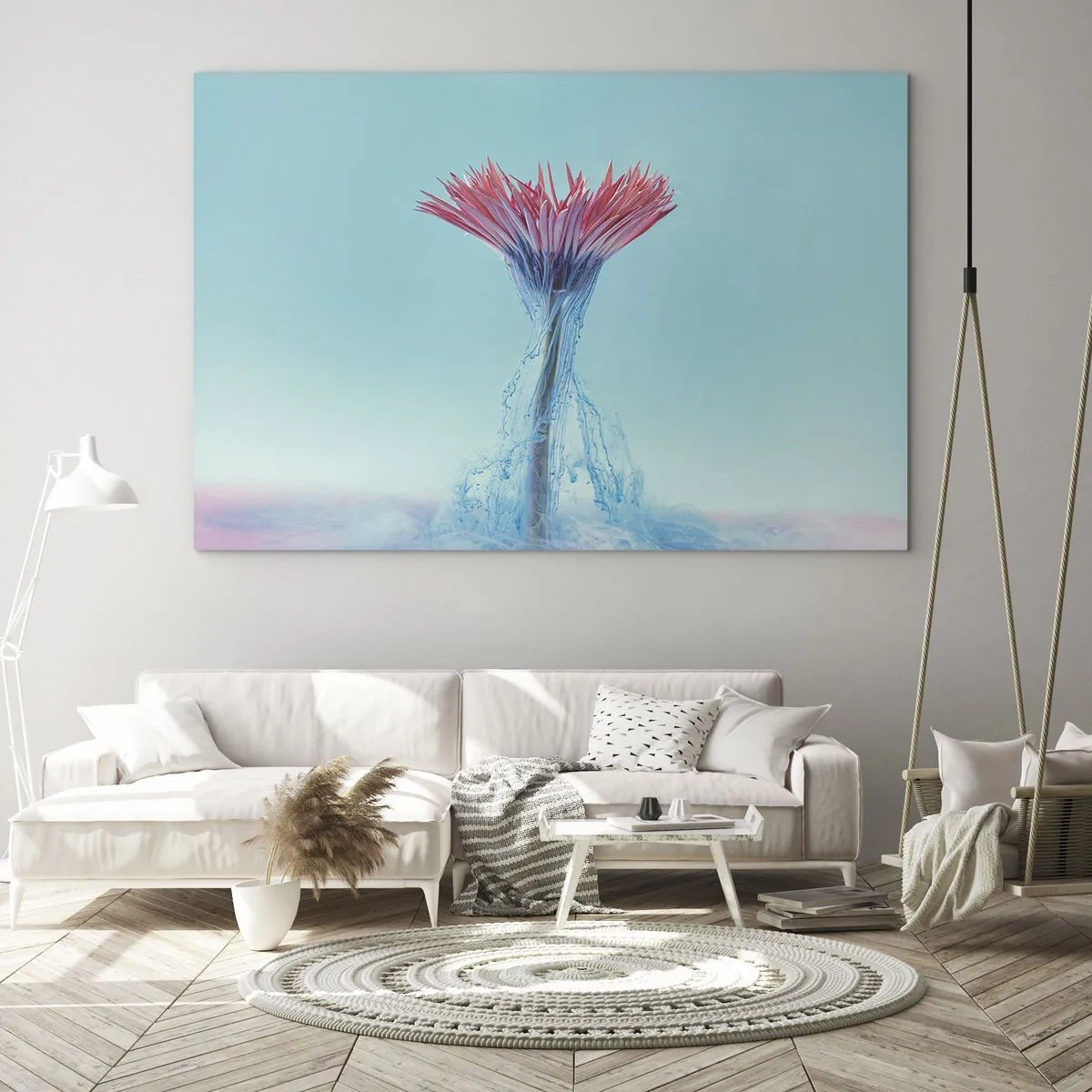 Glasbild - Bild auf glas - Eine phantasievolle Blume, eingetaucht in einen blauen und rosa Dunst - 70x50cm - In einer belebenden Umarmung - Moderne Wanddekoration für Wohnzimmer und Schlafzimmer ARTTOR