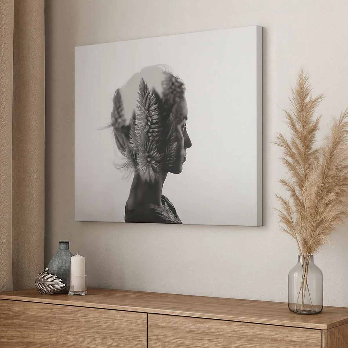 Bild auf Leinwand - Leinwandbild - Ein subtiles Porträt mit Elementen der Natur - 70x50cm - Dame des Kiefernwaldes - Moderne Wanddekoration für Wohnzimmer und Schlafzimmer ARTTOR