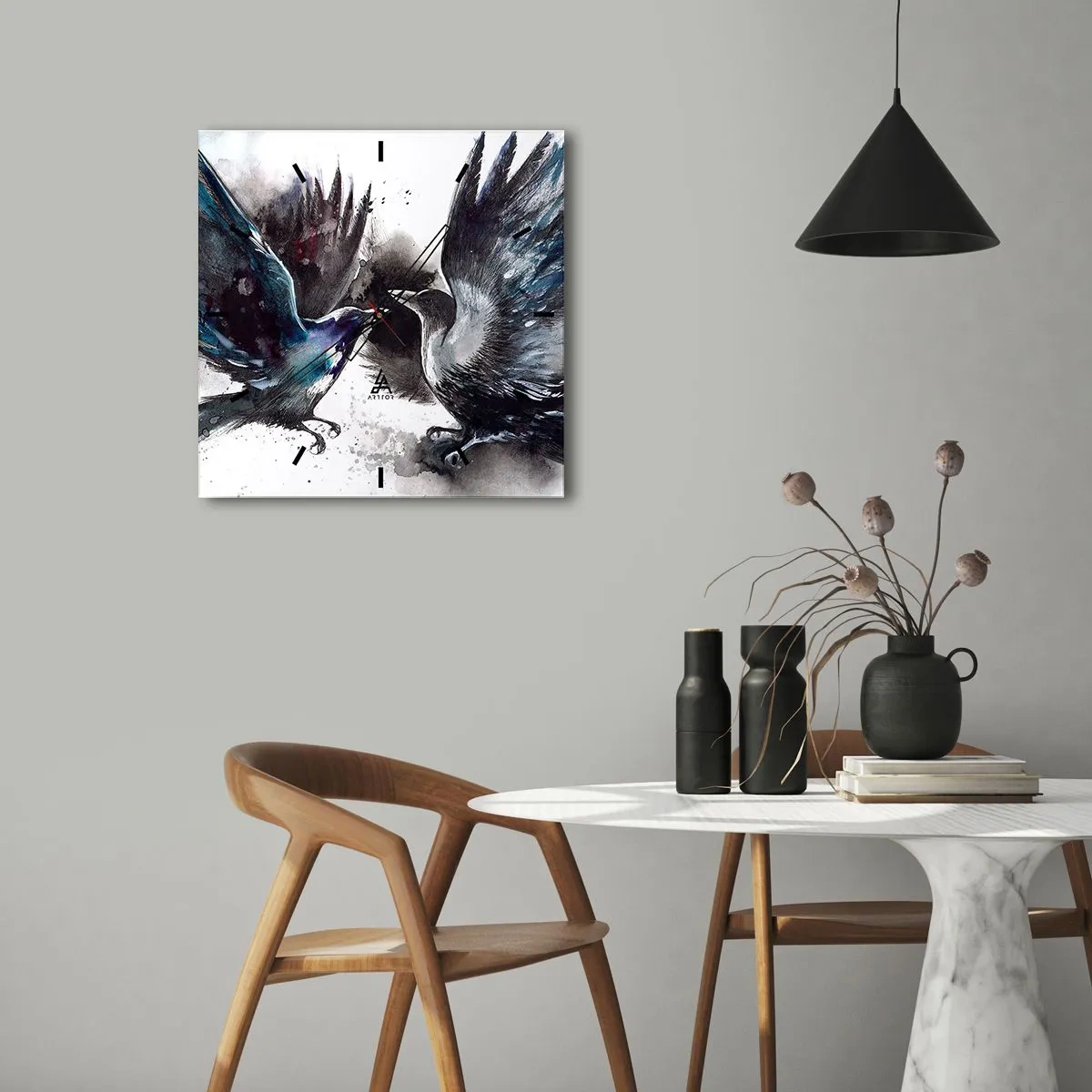 Wanduhr - Glasuhr - Künstlerische Raben in einer dynamischen Aquarellkomposition - 30x30cm - Rabe zum Raben ... - Moderne Wanddekoration für Wohnzimmer und Schlafzimmer ARTTOR