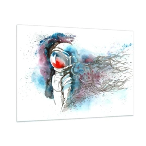 Glasbild - Bild auf glas - Astronaut in einer dynamischen Aquarell-Weltraumkulisse - 100x70cm - Allein mit Platz - Moderne Wanddekoration für Wohnzimmer und Schlafzimmer ARTTOR