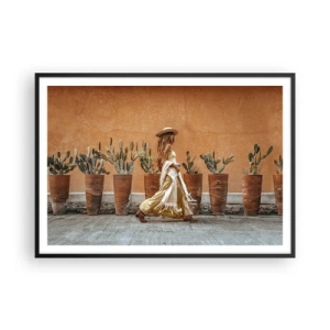 Poster in einem schwarzem Rahmen - Eine Frau im Boho-Stil mit Töpfen voller Kakteen im Hintergrund. - 100x70cm - Hippie-Stil - Moderne Wanddekoration für Wohnzimmer und Schlafzimmer ARTTOR