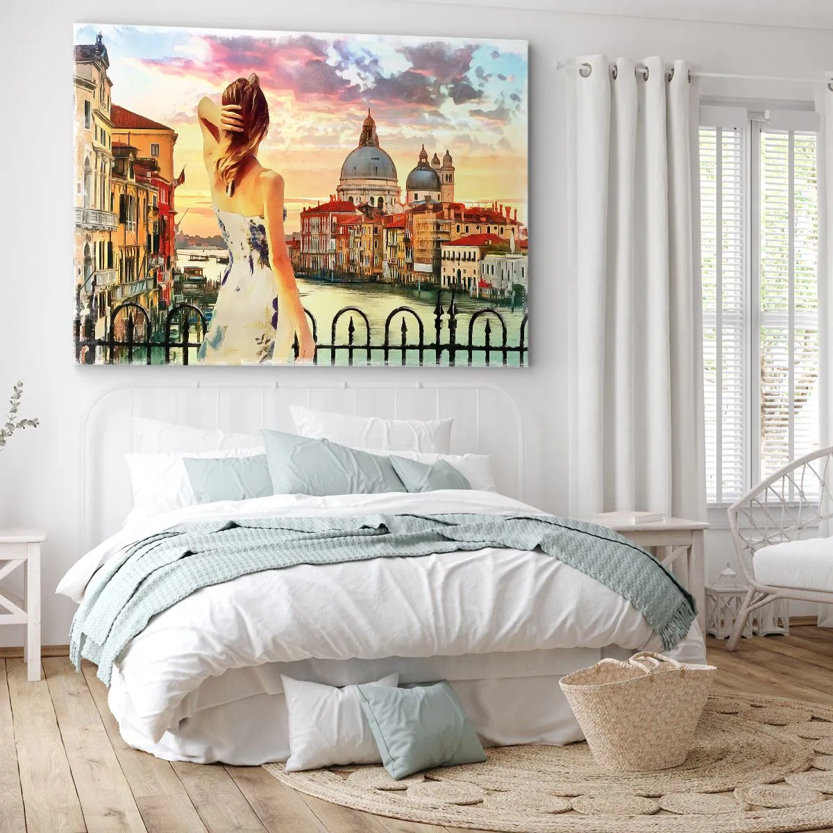 Bild auf Leinwand - Leinwandbild - Eine Frau bewundert die malerische Landschaft am Kanal - 70x50cm - Als Abenteuer nur in ... - Moderne Wanddekoration für Wohnzimmer und Schlafzimmer ARTTOR