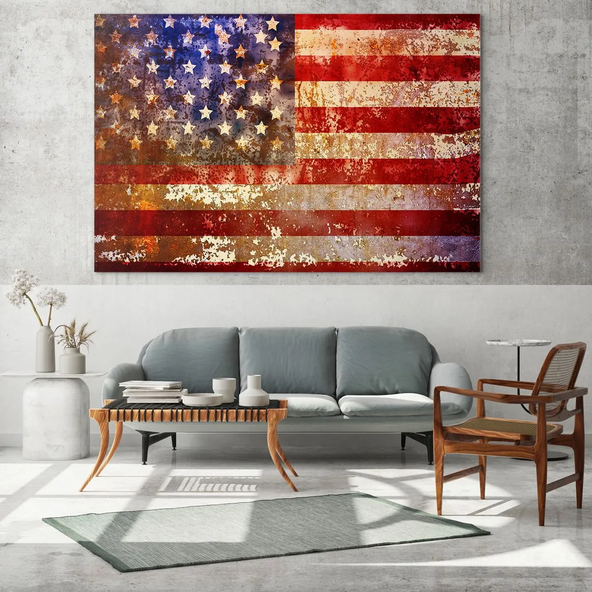 Glasbild - Bild auf glas - Rostige amerikanische Flagge - 70x50cm - Ruhm verblasst nicht - Moderne Wanddekoration für Wohnzimmer und Schlafzimmer ARTTOR