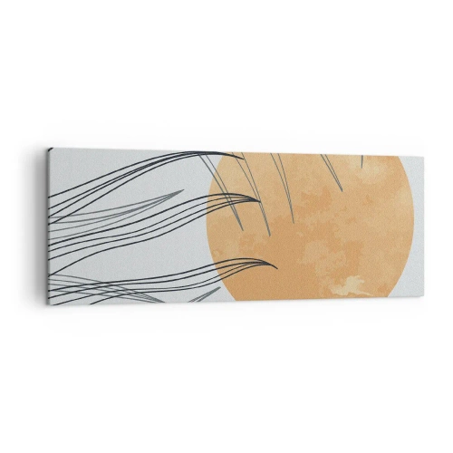 Bild auf Leinwand - Leinwandbild - Abstrakte Grashalme vor dem Hintergrund einer großen orangefarbenen Sonne - 140x50cm - Immer der Sonne entgegen - Moderne Wanddekoration für Wohnzimmer und Schlafzimmer ARTTOR