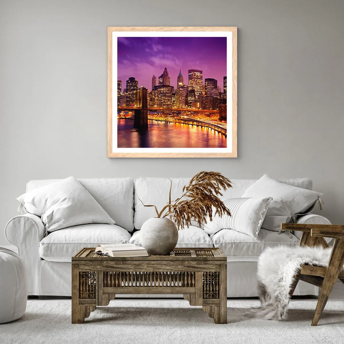Poster in einem Rahmen aus heller Eiche - Violett-goldenes Manhathann - 30x30 cm