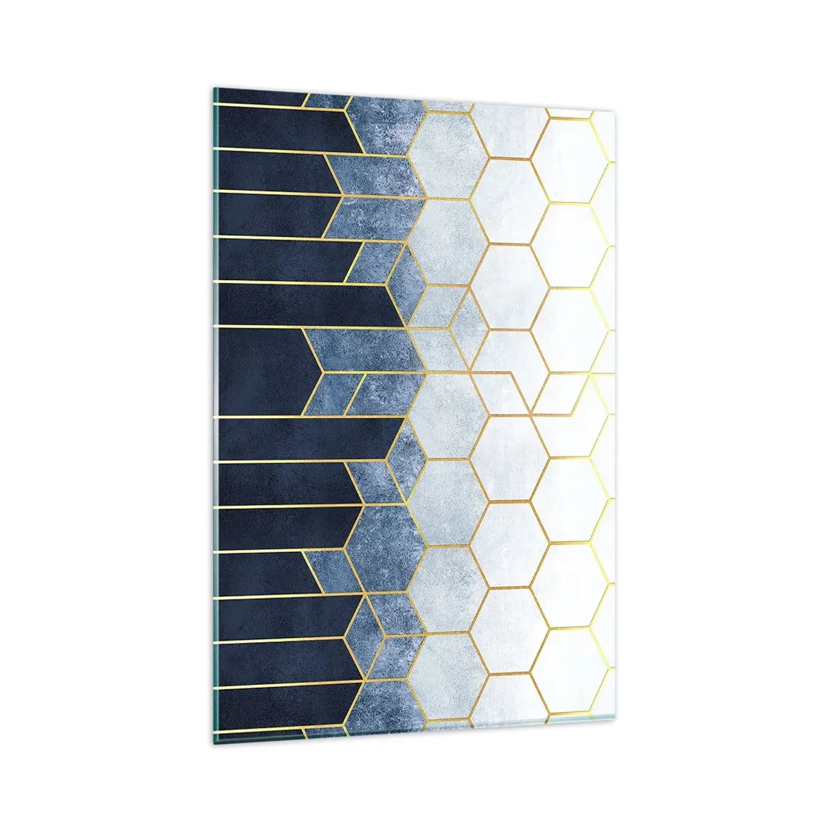 Glasbild - Bild auf glas - Geometrisches Muster in Gold- und Marineblautönen - 80x120cm - Komposition im synkopischen Rhythmus - Moderne Wanddekoration für Wohnzimmer und Schlafzimmer ARTTOR