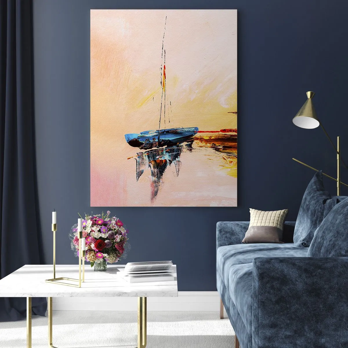 Glasbild - Bild auf glas - Bunte Boote auf ruhigem Wasser bei Sonnenuntergang - 70x100cm - Abend im Yachthafen - Moderne Wanddekoration für Wohnzimmer und Schlafzimmer ARTTOR