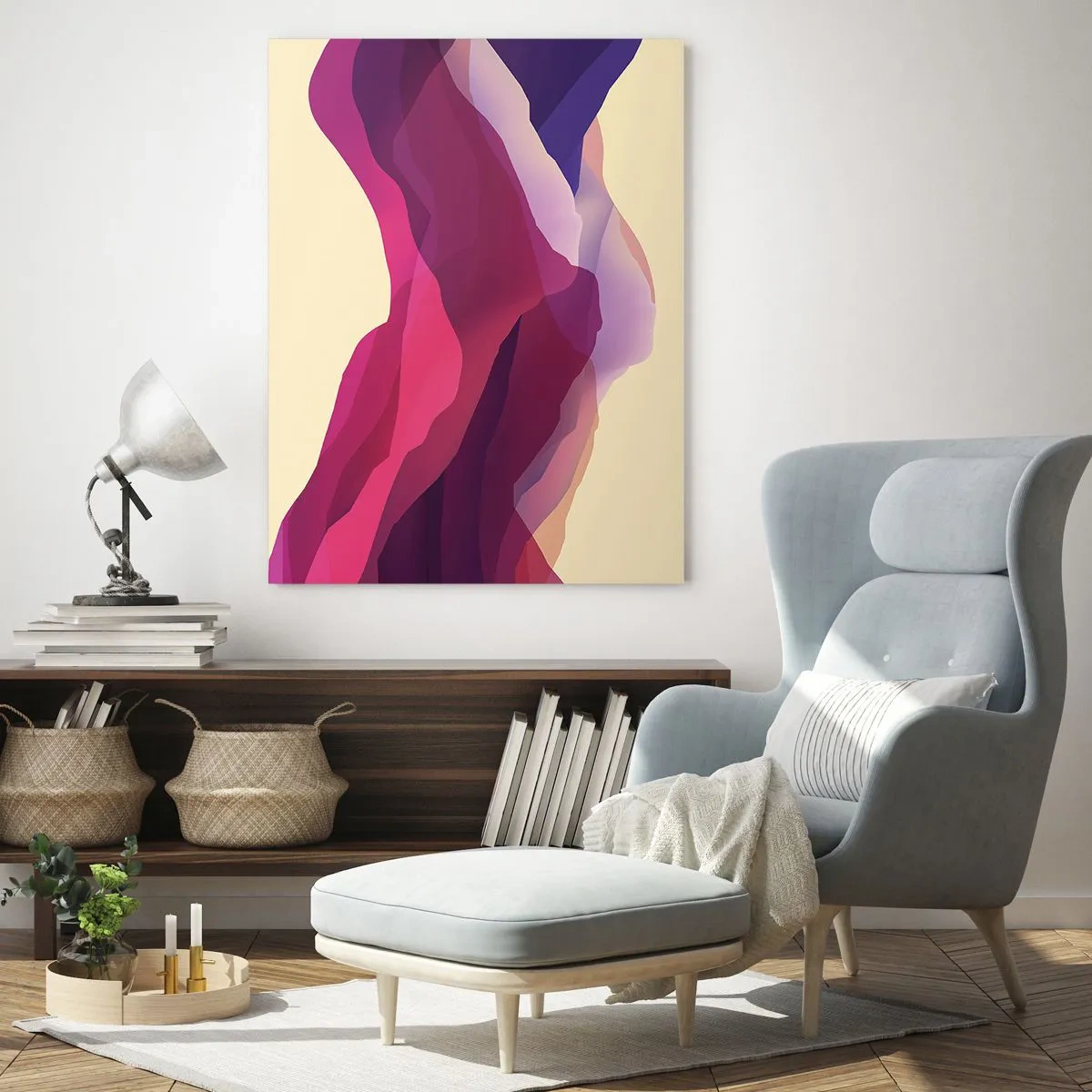 Glasbild - Bild auf glas - Abstrakte Wellen in Lila- und Rosatönen auf hellem Hintergrund - 80x120cm - Lila Wellen - Moderne Wanddekoration für Wohnzimmer und Schlafzimmer ARTTOR