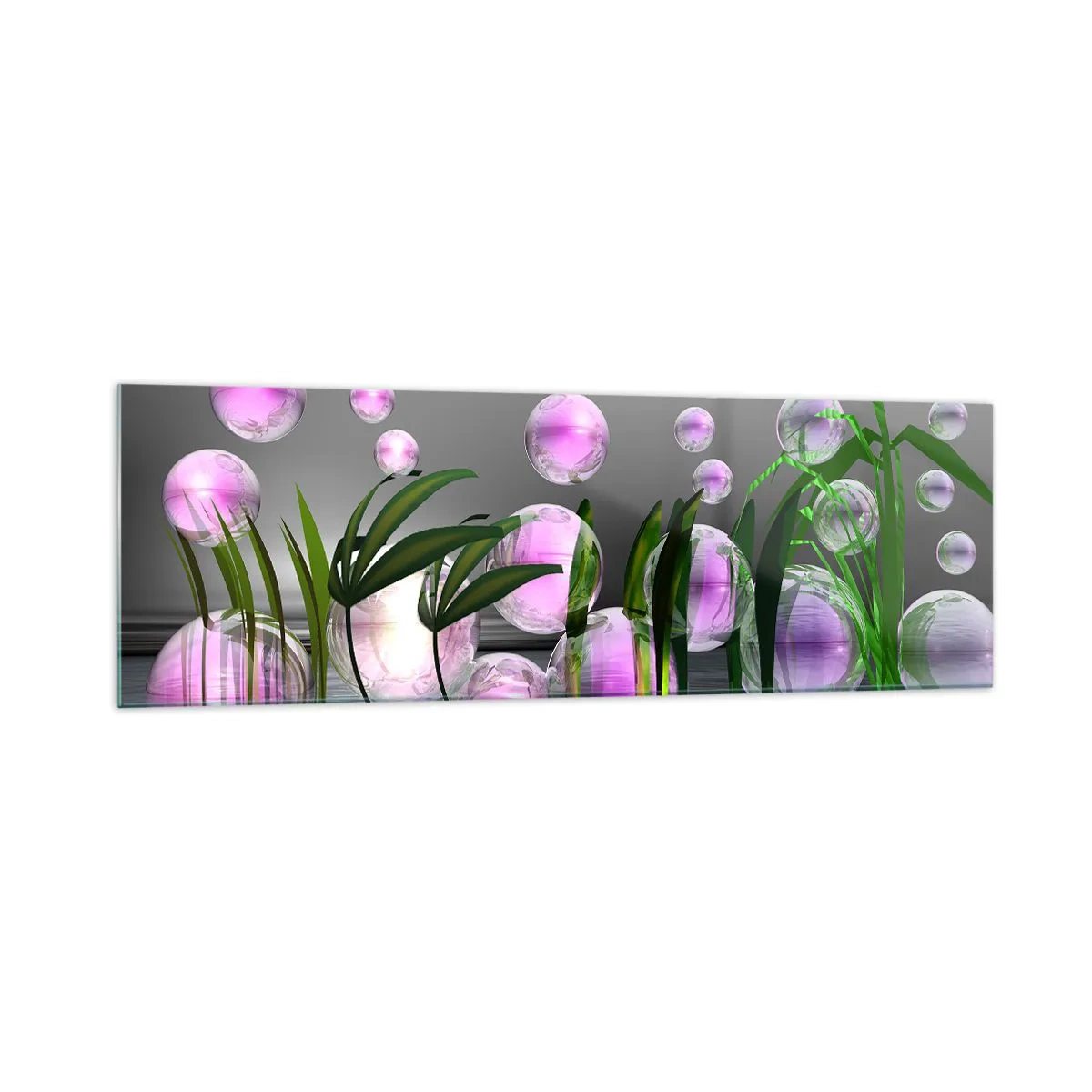 Glasbild - Bild auf glas - Grüne Blätter und rosa Blasen über dem Wasser auf grauem Hintergrund - 160x50cm - Eine reflektierende Komposition aus Leichtigkeit und Leben - Moderne Wanddekoration für Wohnzimmer und Schlafzimmer ARTTOR
