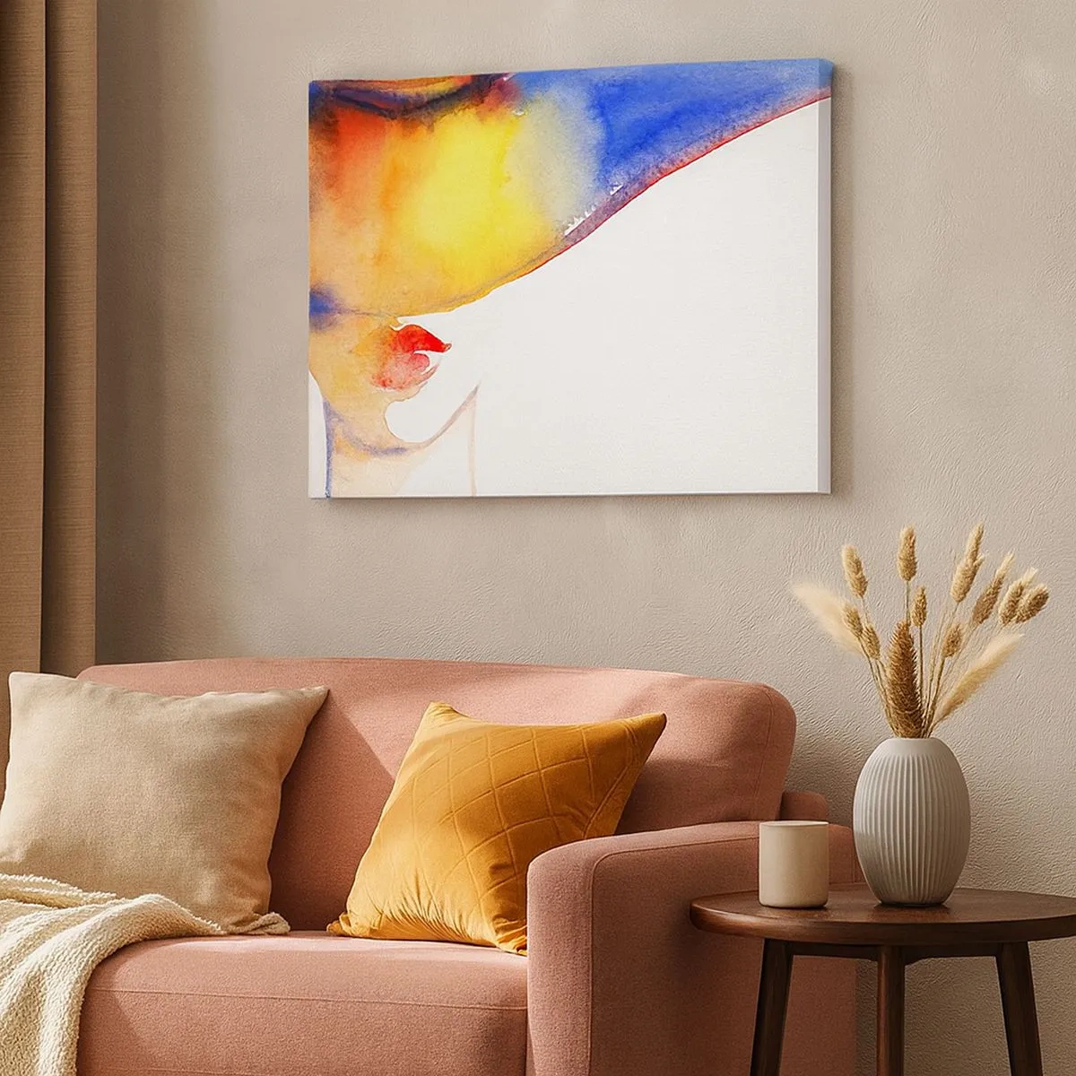 Bild auf Leinwand - Leinwandbild - Ein minimalistisches Aquarellgemälde des Profils einer Frau mit einem bunten Hut. - 70x50cm - Bildnis einer Dame - Moderne Wanddekoration für Wohnzimmer und Schlafzimmer ARTTOR