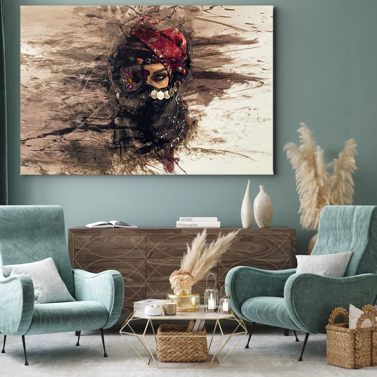 Bild auf Leinwand - Leinwandbild - Künstlerisches Porträt einer Frau in orientalischer Kleidung vor abstraktem Hintergrund. - 70x50cm - Gelinde gesagt besorgniserregend - Moderne Wanddekoration für Wohnzimmer und Schlafzimmer ARTTOR