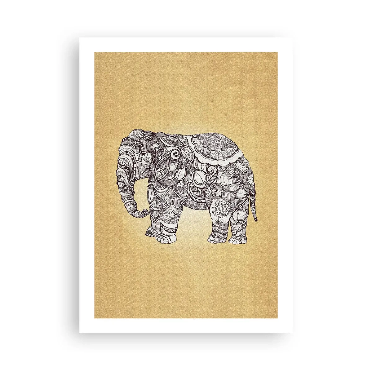 Poster - Dekorative Darstellung eines Elefanten mit aufwendigen Ornamenten auf goldenem Hintergrund - 50x70cm - Elefant verhüllte sich - Moderne Wanddekoration für Wohnzimmer und Schlafzimmer ARTTOR
