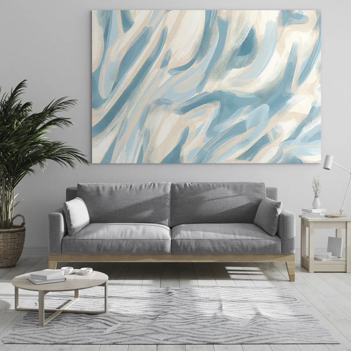 Glasbild - Bild auf glas - Abstrakte Pinselstriche in Blau- und Cremefarben. - 70x50cm - Frühlingsbrisen - Moderne Wanddekoration für Wohnzimmer und Schlafzimmer ARTTOR