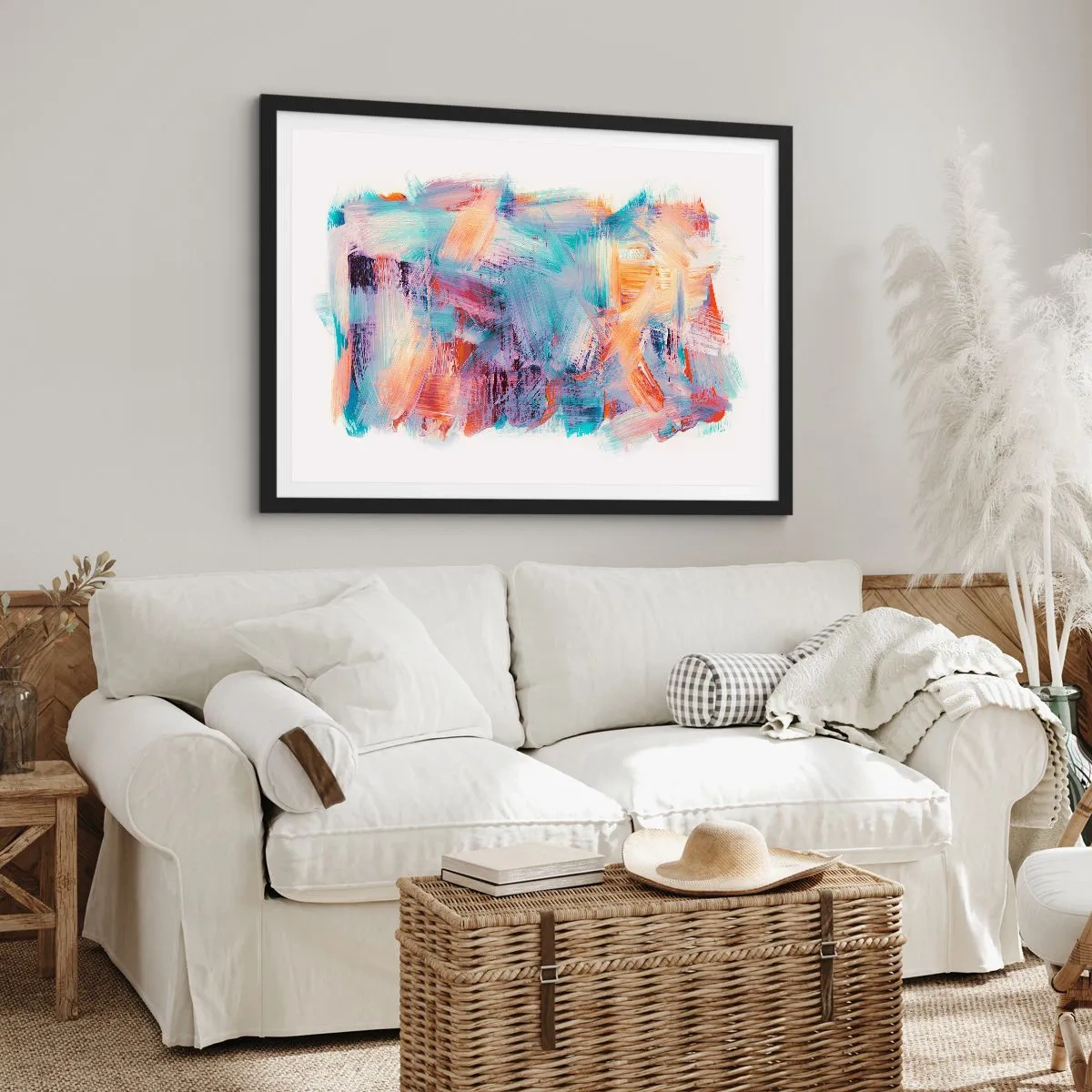 Poster in einem schwarzem Rahmen - Bunte Pinselstriche in einer abstrakten Komposition - 70x50cm - Buntes Durcheinander - Moderne Wanddekoration für Wohnzimmer und Schlafzimmer ARTTOR