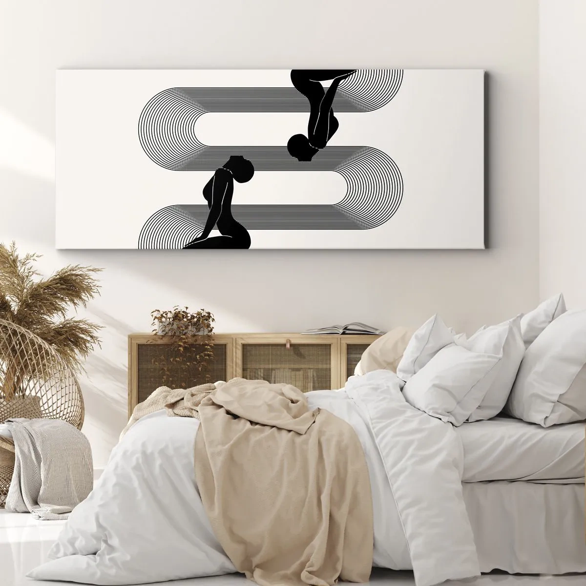 Bild auf Leinwand - Leinwandbild - Schwarze Silhouetten mit geometrischen Linien auf hellem Hintergrund - 140x50cm - Sinnliche Symmetrie - Moderne Wanddekoration für Wohnzimmer und Schlafzimmer ARTTOR