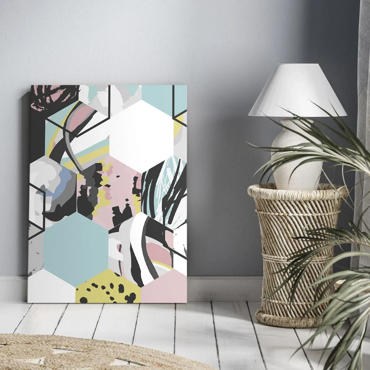 Bild auf Leinwand - Leinwandbild - Sechsecke und Würfel in sechs Farben - 55x100 cm