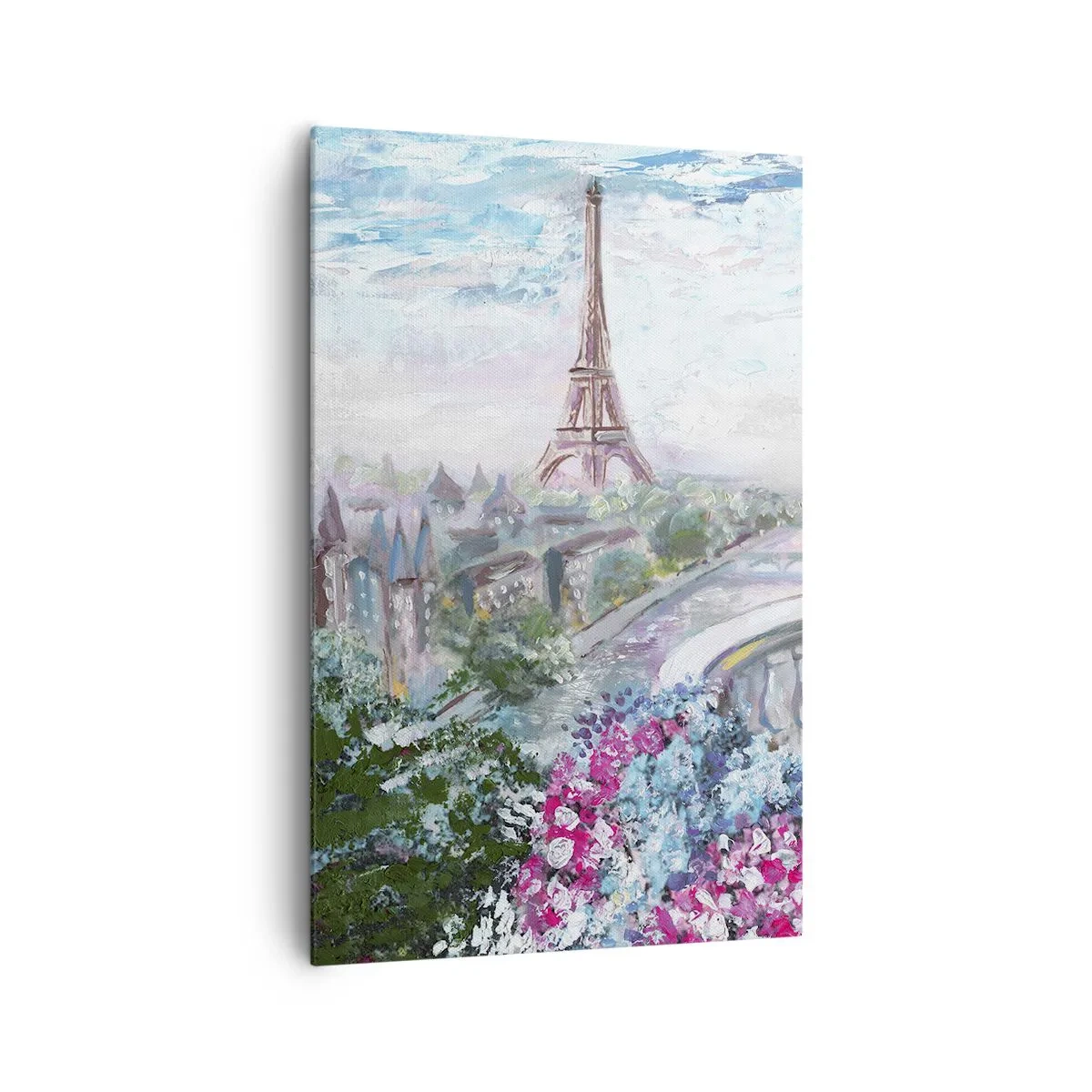 Bild auf Leinwand - Leinwandbild - Ein romantischer Blick auf Paris mit dem Eiffelturm und einem Balkon voller Blumen - 80x120cm - Am schönsten ist es hier im Mai - Moderne Wanddekoration für Wohnzimmer und Schlafzimmer ARTTOR
