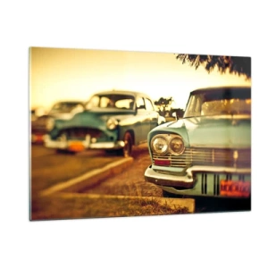 Glasbild - Bild auf glas - Retro-Autos im warmen Abendlicht - 120x80cm - Wir werden abwarten und sehen - Moderne Wanddekoration für Wohnzimmer und Schlafzimmer ARTTOR