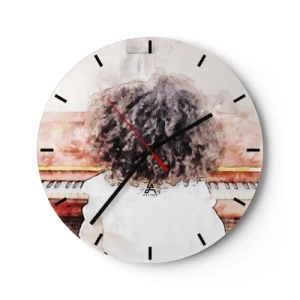 Wanduhr - Glasuhr - Ein Klavier spielendes Kind, von hinten in künstlerischem Stil gesehen. - 30x30cm - In der neuen Welt - Moderne Wanddekoration für Wohnzimmer, Küche und Schlafzimmer ARTTOR