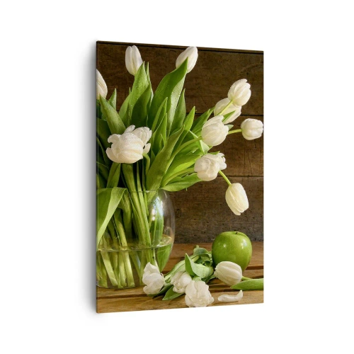 Bild auf Leinwand - Leinwandbild - Ein Strauß weißer Tulpen in einer Glasvase mit grünen Äpfeln - 70x100cm - Saftig und frisch in Grün und Weiß - Moderne Wanddekoration für Wohnzimmer und Schlafzimmer ARTTOR