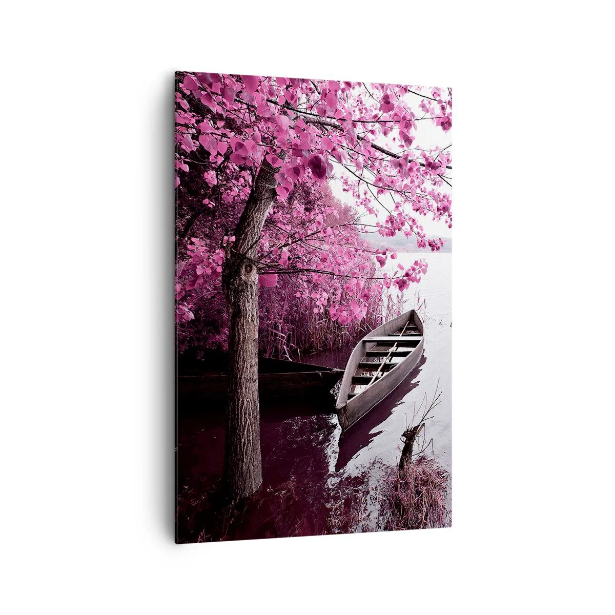 Bild auf Leinwand - Leinwandbild - Ein Boot am Ufer eines Sees zwischen rosa Bäumen - 80x120cm - In rosa Stille - Moderne Wanddekoration für Wohnzimmer und Schlafzimmer ARTTOR
