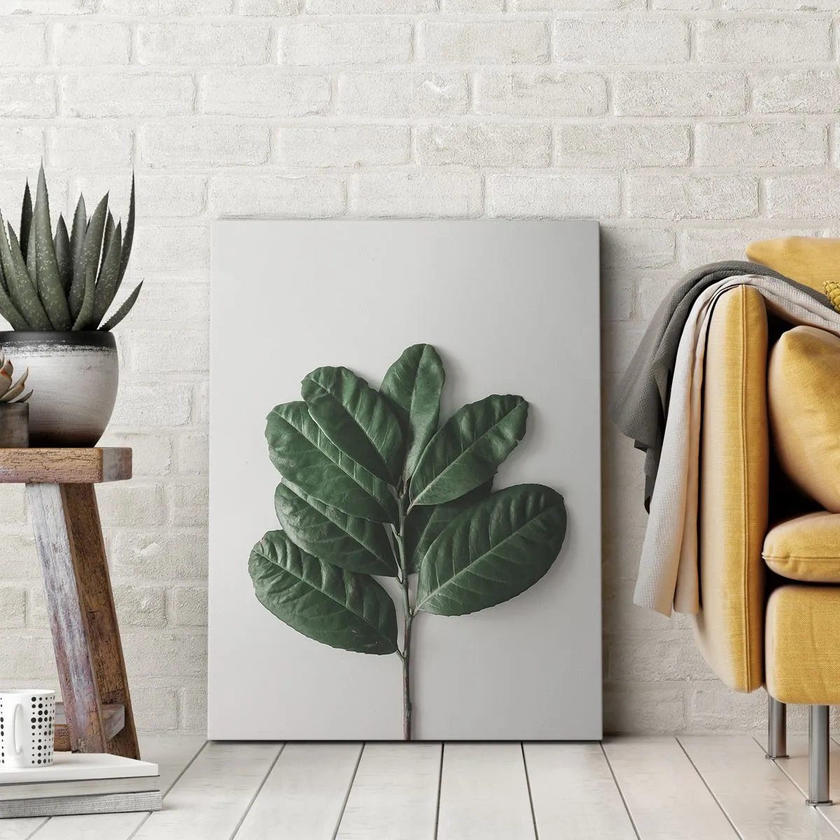 Bild auf Leinwand - Leinwandbild - Ein Zweig grüner Blätter auf hellem Hintergrund - 50x70cm - Eine Zeichnung purer Natur - Moderne Wanddekoration für Wohnzimmer und Schlafzimmer ARTTOR