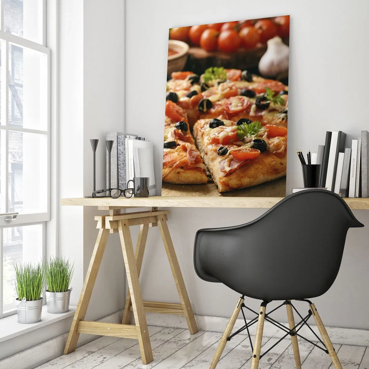 Glasbild - Bild auf glas - Pizza mit Tomaten, Oliven und frischen Kräutern auf dem Tisch - 70x100cm - Du bist schon wieder davongekommen - Moderne Wanddekoration für Wohnzimmer und Schlafzimmer ARTTOR