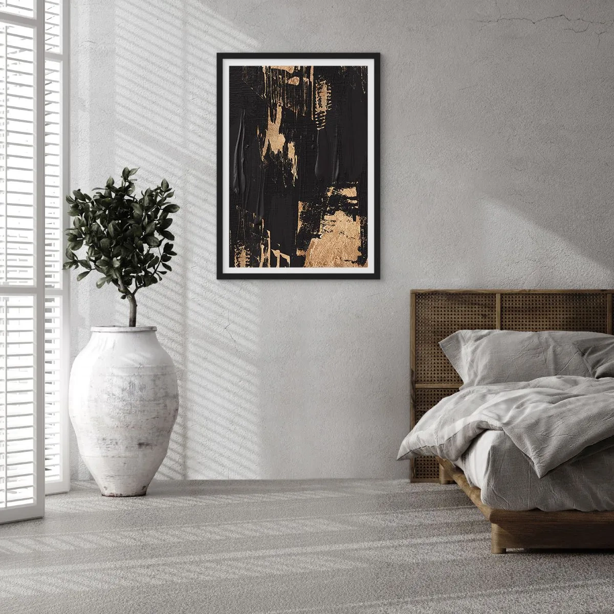 Poster in einem schwarzem Rahmen - Abstrakte Gemäldekomposition in Schwarz und Gold - 50x70cm - Spur einer Berührung - Moderne Wanddekoration für Wohnzimmer und Schlafzimmer ARTTOR