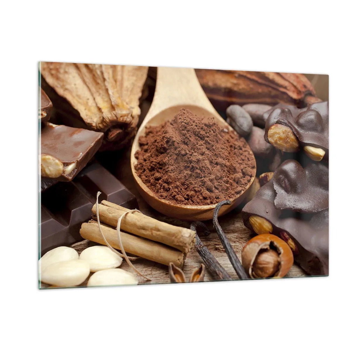 Glasbild - Bild auf glas - Ein Löffel Kakao, umgeben von Schokolade, Gewürzen und Nüssen - 120x80cm - Die Beste gegen Sorgen - Moderne Wanddekoration für Wohnzimmer und Schlafzimmer ARTTOR