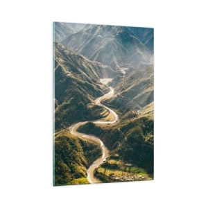Glasbild - Bild auf glas - Eine Berglandschaft mit einer kurvenreichen Straße zwischen grünen Hügeln - 80x120cm - Direkt aus dem Herzen der Berge - Moderne Wanddekoration für Wohnzimmer und Schlafzimmer ARTTOR