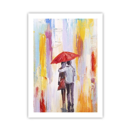Poster - Eine romantische Szene mit einem Paar unter einem roten Regenschirm vor der Kulisse einer Stadt. - 50x70cm - Lass es weiter regnen - Moderne Wanddekoration für Wohnzimmer und Schlafzimmer ARTTOR
