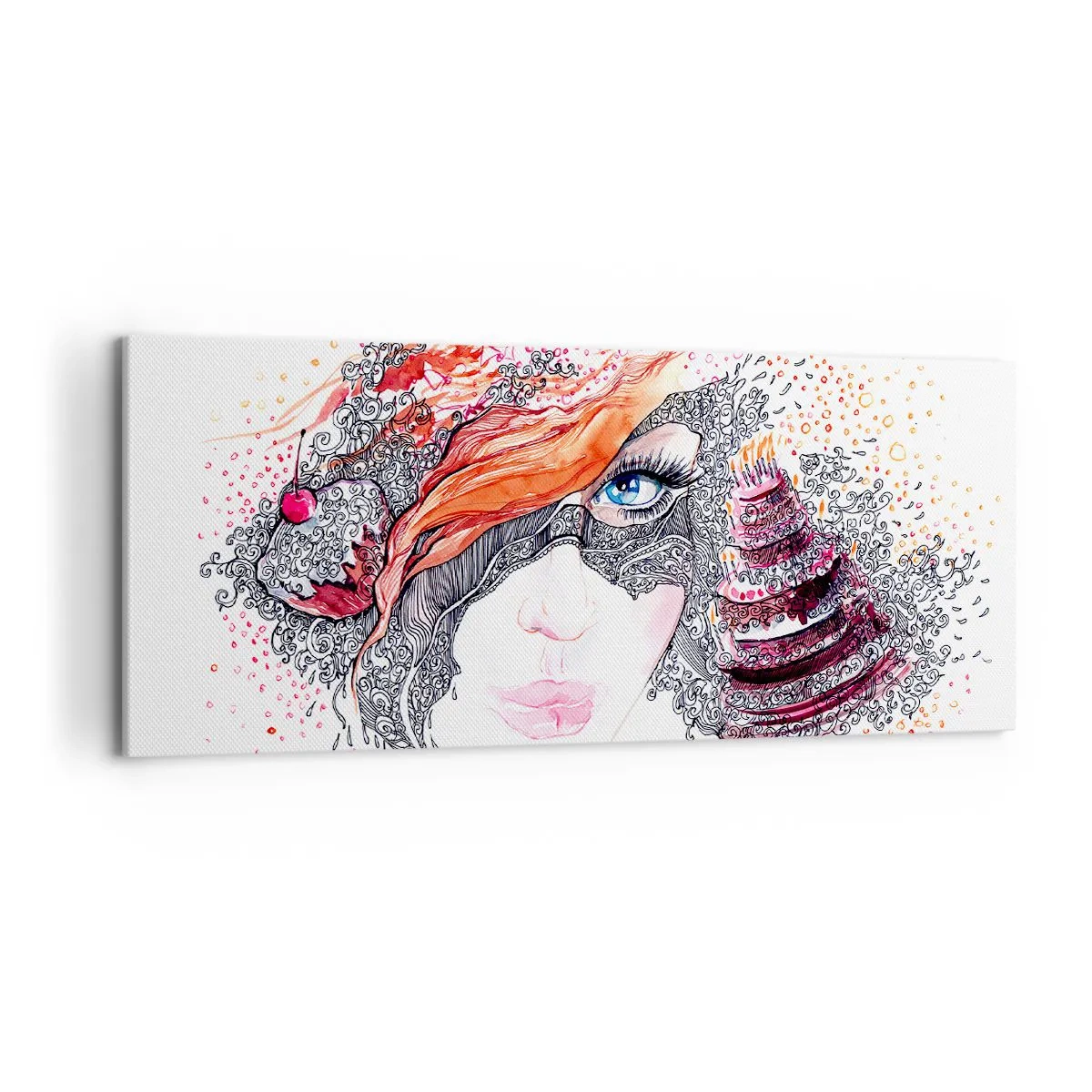 Bild auf Leinwand - Leinwandbild - Künstlerisches Frauenporträt mit Details und rotem Akzent - 120x50cm - Bei ihr ist jeden Tag Feiertag - Moderne Wanddekoration für Wohnzimmer und Schlafzimmer ARTTOR