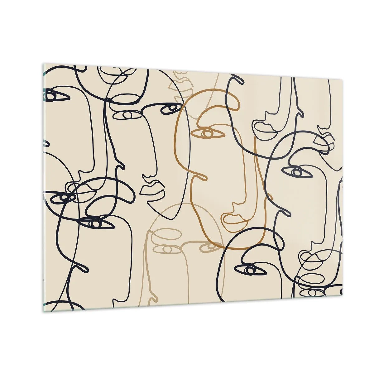 Glasbild - Bild auf glas - Konturierte Gesichter in einem Strich auf Beige gezeichnet - 100x70cm - Das Porträt wird multipliziert - Moderne Wanddekoration für Wohnzimmer und Schlafzimmer ARTTOR