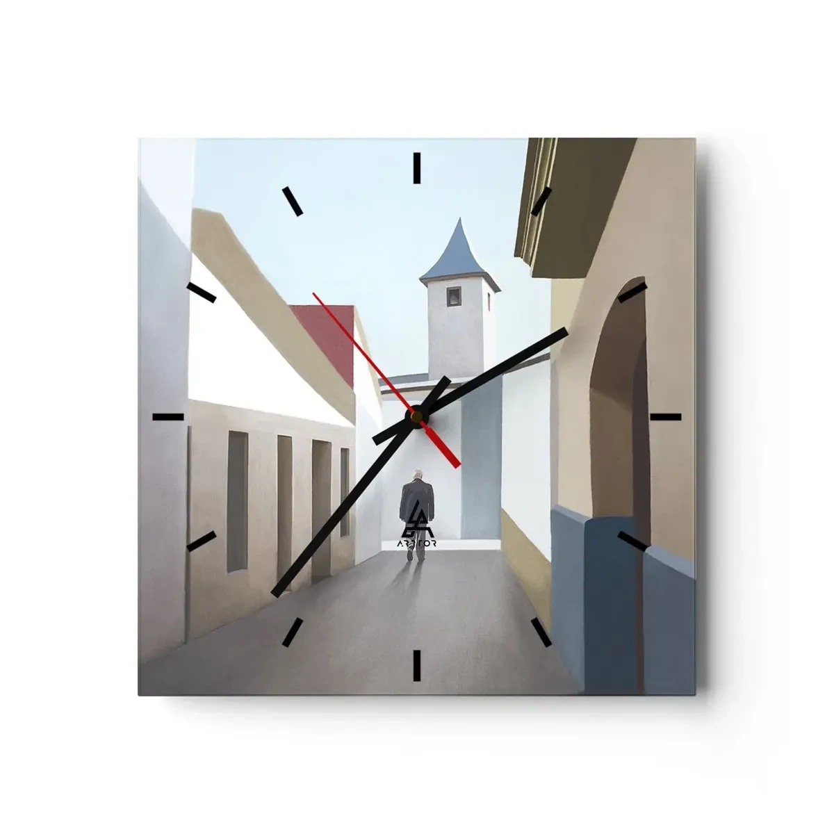 Wanduhr - Glasuhr - Eine minimalistische Straße mit der Silhouette eines Mannes im Hintergrund - 30x30cm - Sonniger Spaziergang - Moderne Wanddekoration für Wohnzimmer und Schlafzimmer ARTTOR
