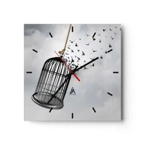 Wanduhr - Glasuhr - Vögel fliegen aus einem Käfig gegen den Himmel - 30x30cm - Glaube ... Hoffnung ... Freiheit! - Moderne Wanddekoration für Wohnzimmer und Schlafzimmer ARTTOR