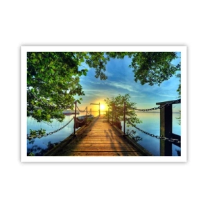 Poster - Ein Pier über dem See in den Strahlen des Sonnenuntergangs - 100x70cm - Westen auf dem Wasser - Moderne Wanddekoration für Wohnzimmer und Schlafzimmer ARTTOR