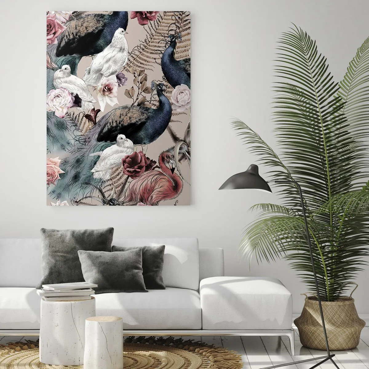 Glasbild - Bild auf glas - Eine Landschaft mit Pfauenfedern, Rosen und Vögeln im romantischen Stil. - 70x100cm - Im Schlossgarten - Moderne Wanddekoration für Wohnzimmer und Schlafzimmer ARTTOR