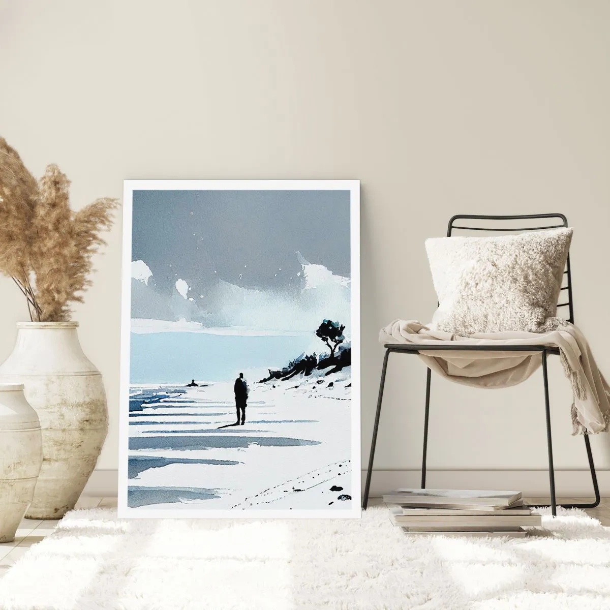 Poster - Eine einsame Gestalt am Strand in Aquarelltönen - 50x70cm - Allein sein - Moderne Wanddekoration für Wohnzimmer und Schlafzimmer ARTTOR