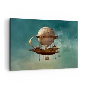 Bild auf Leinwand - Leinwandbild - Ein fantastisches Luftschiff vor dem grünlichen Himmel - 120x80cm - Jules Verne sagt Hallo - Moderne Wanddekoration für Wohnzimmer und Schlafzimmer ARTTOR