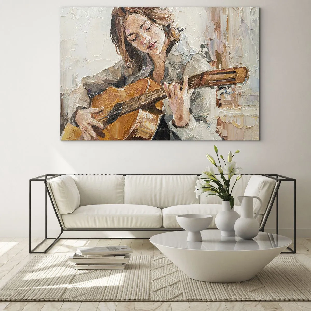 Glasbild - Bild auf glas - Ein Mädchen, das im impressionistischen Stil Gitarre spielt - 120x80cm - Konzert für Gitarre und Mädchenherz - Moderne Wanddekoration für Wohnzimmer und Schlafzimmer ARTTOR